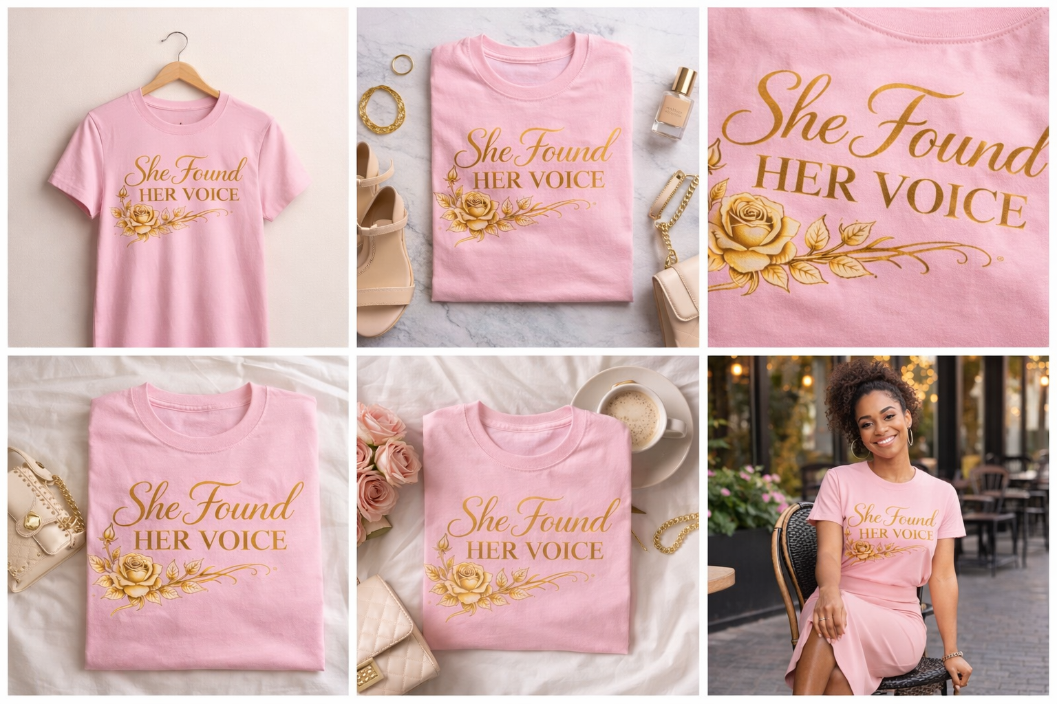 She Found Her Voice pink t-shirt collage showing multiple product views, design close-ups, and lifestyle model wearing the shirt