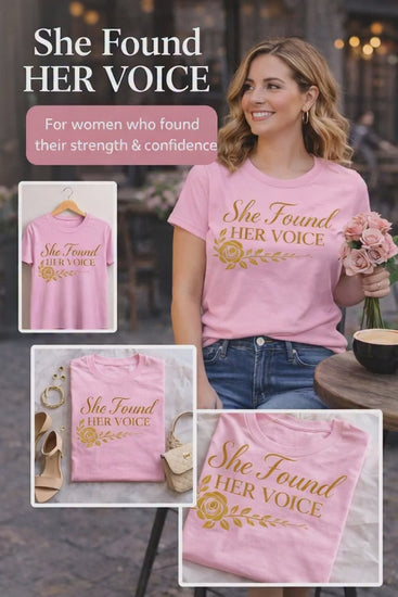 Woman holding flowers wearing She Found Her Voice t-shirt in soft outdoor setting
