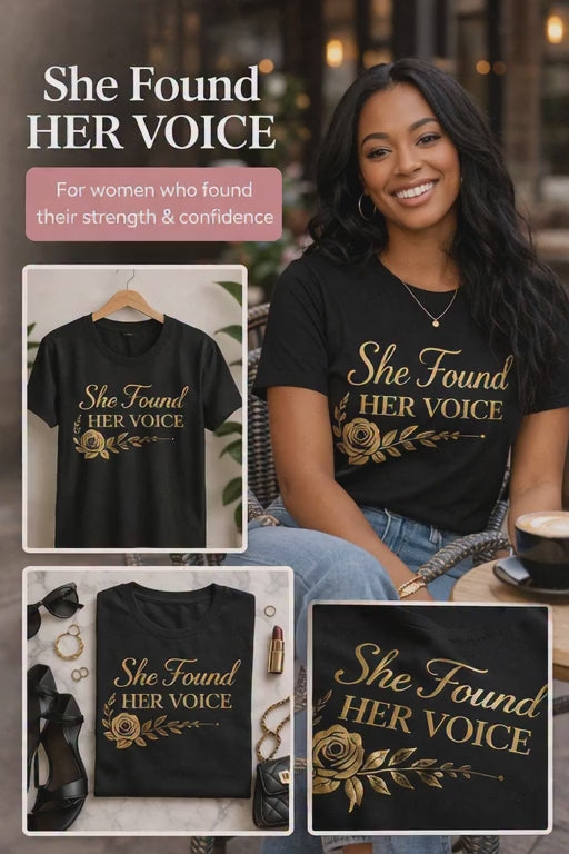 Woman modeling She Found Her Voice shirt in lifestyle setting